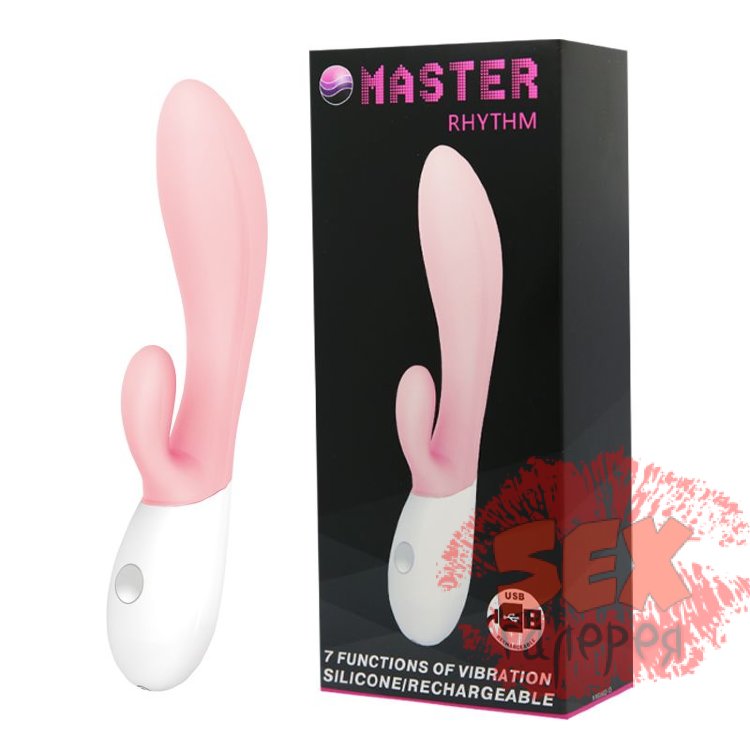 Розовый перезаряжаемый вибратор с клиторальным отростком Master Rhythm - 20 см.