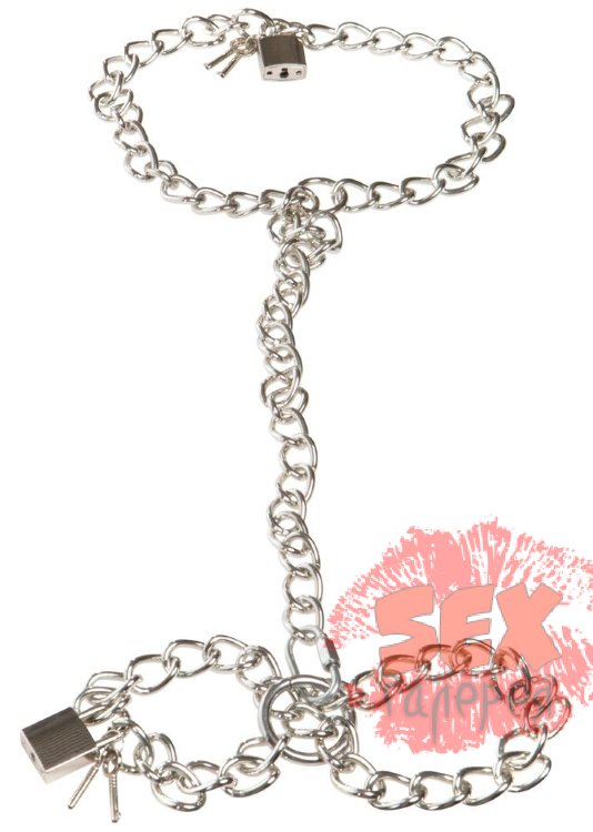 Фиксация на шею и запястья в виде цепей с замочками Bad Kitty Metal collar and chain