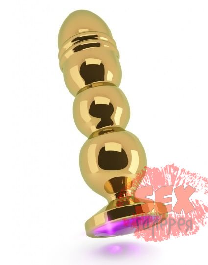 Золотистая фигурная анальная пробка R10 RICH Gold/Purple с фиолетовым кристаллом - 14,5 см.