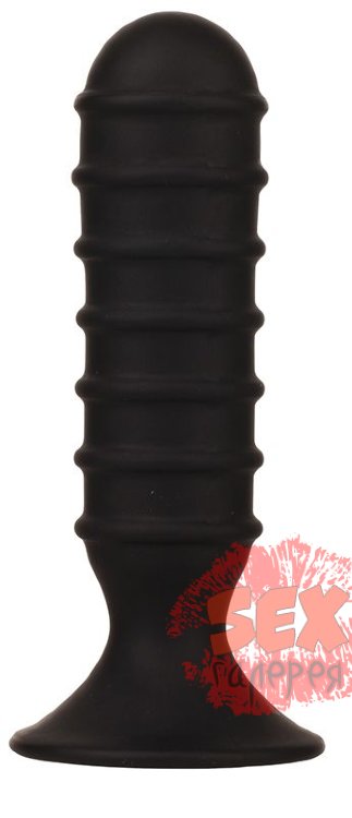 Чёрный силиконовый анальный массажер MENZSTUFF RIBBED TORPEDO DONG - 13 см.