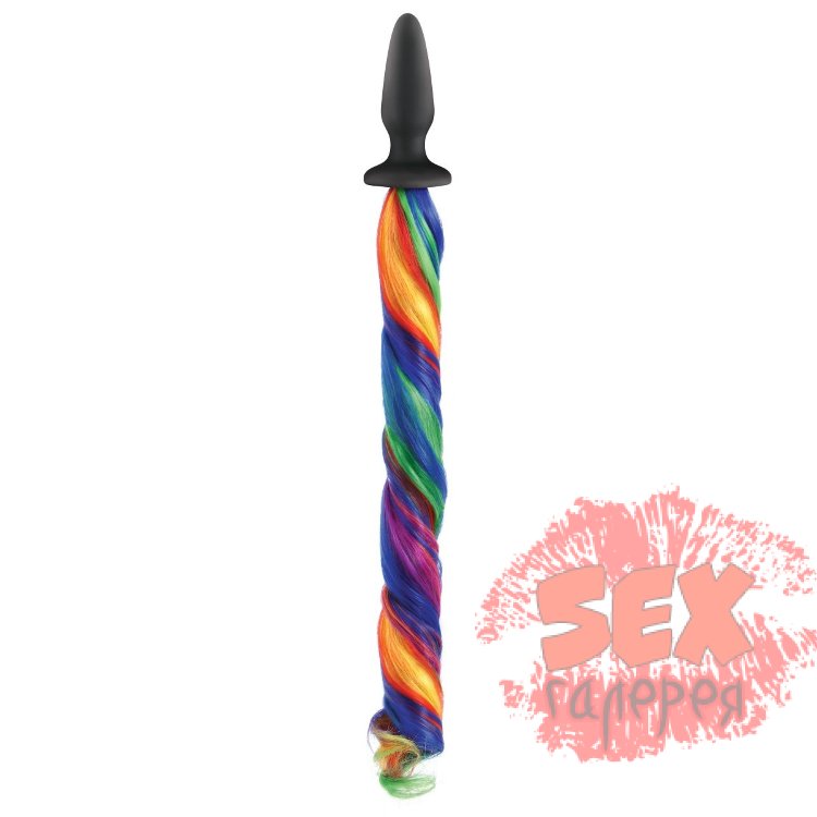 Чёрная анальная пробка с радужным хвостом Unicorn Tails Rainbow