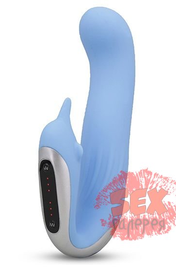 Голубой вибромассажер с клиторальной стимуляцией SEDUCER DUAL MOTOR DOLPHIN VIBRATOR - 15 см.