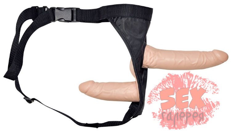 Телесный страпон с вагинальной пробкой Double Dong Strap-On - 19 см.