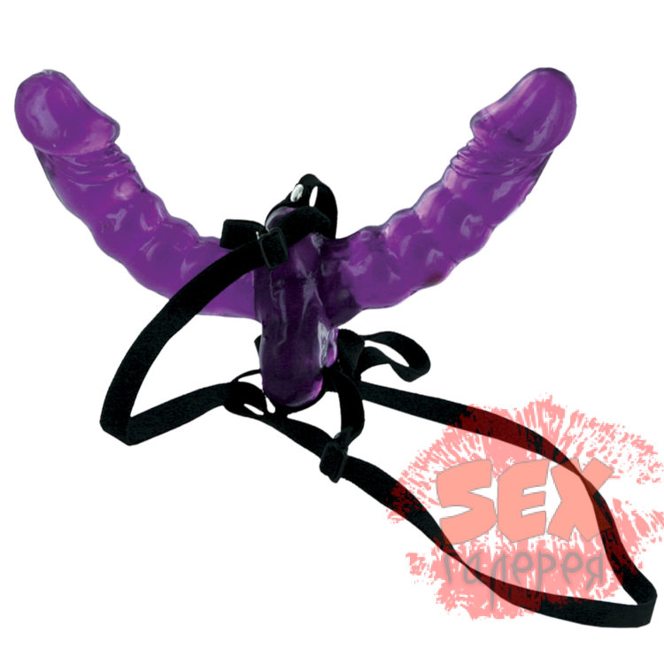 Фиолетовый страпон Double Delight Strap-on с вагинальной пробкой - 15 см.