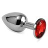 Серебристая анальная пробка с красным кристаллом размера M - 8 см.